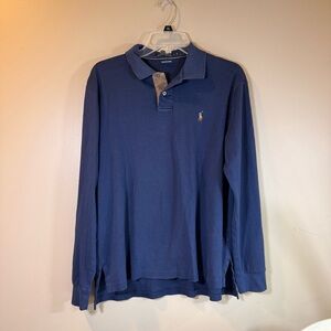 Polo Ralph Lauren Navy Long Sleeve Suede Trim Pony Logo Classic Fit Soft‎